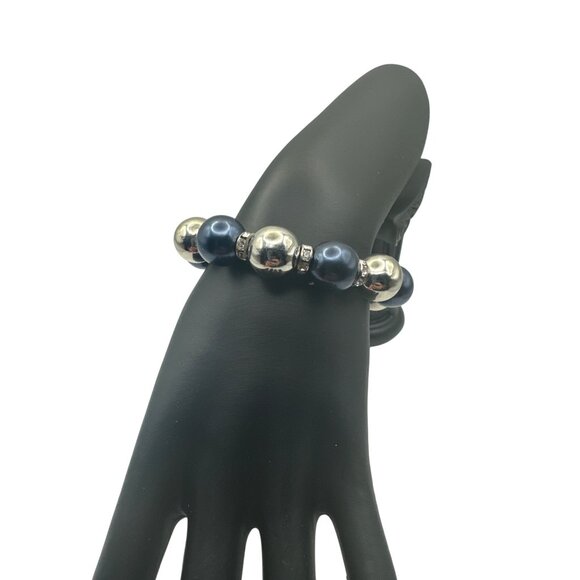 Navy Silver and Rhinestone Rondelle Stretch Beaded Bracelet 7 inch - Picture 2 of 5